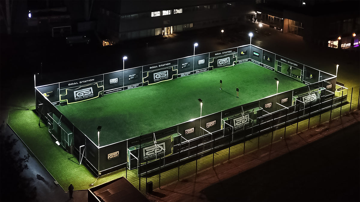 Goal Station Arena at night, aerial view