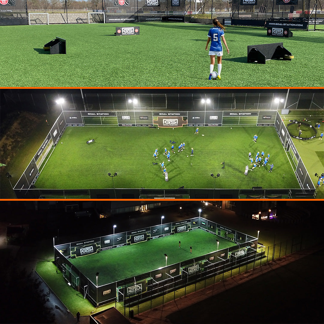 Vertical 3 piece image: Female player in a Goal Station Arena with a ball, Aerial View of Soccer practice in a Goal Station Arena, Aerial view of Goal Station Arena at night.