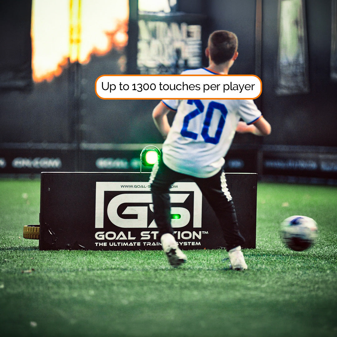 Youth male player using Goal Station rebound with text overlay "Up to 1300 touches per player"