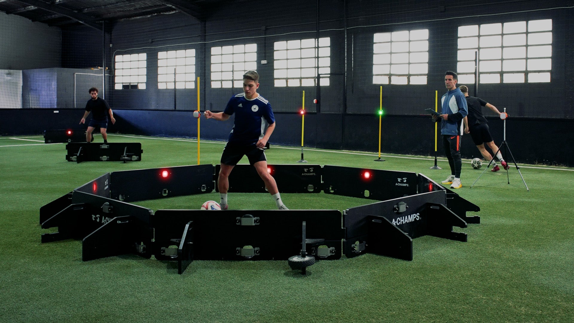 Three male players using various Goal Station products, Scanning 360, rebounders, ROX