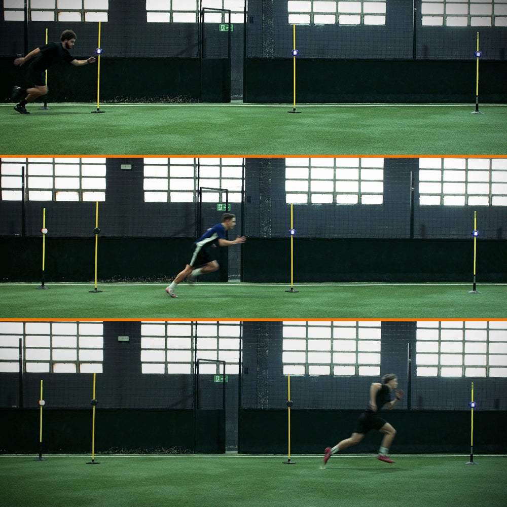 Athlete running a speed measurement drill