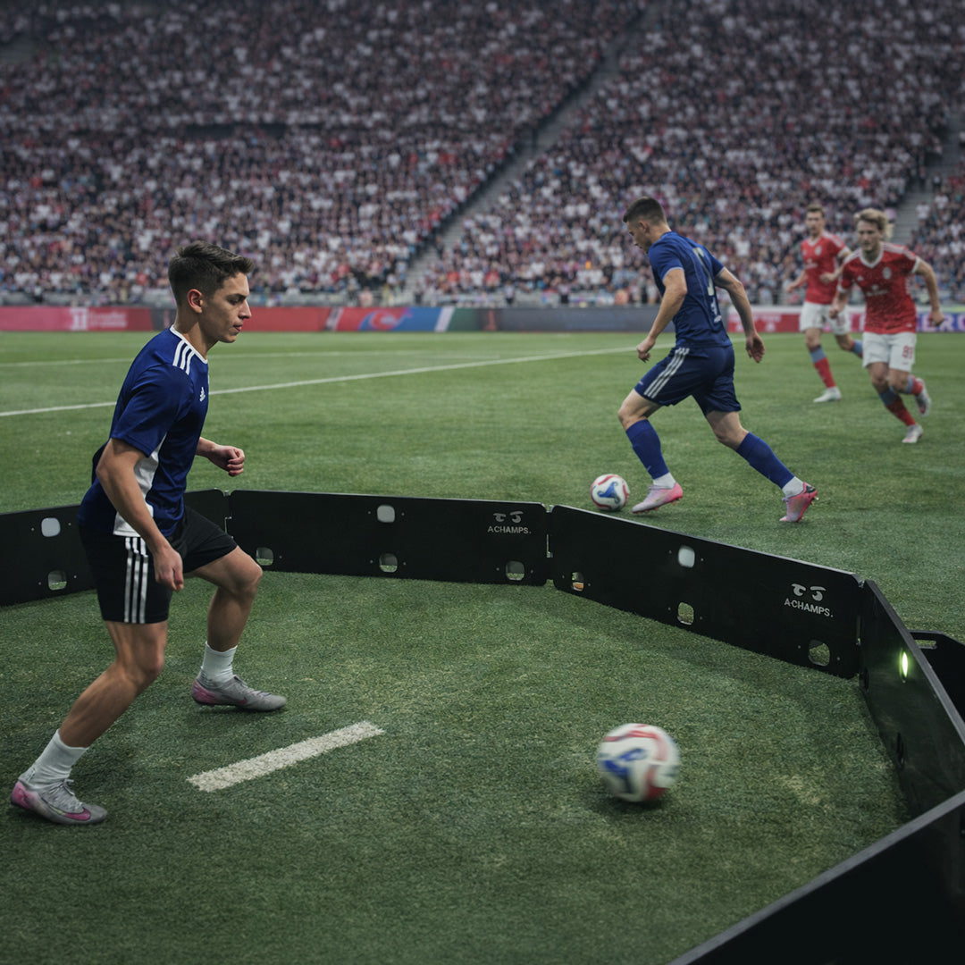 Soccer player practicing in a Goal Station scanning 360 with a professional match in the background