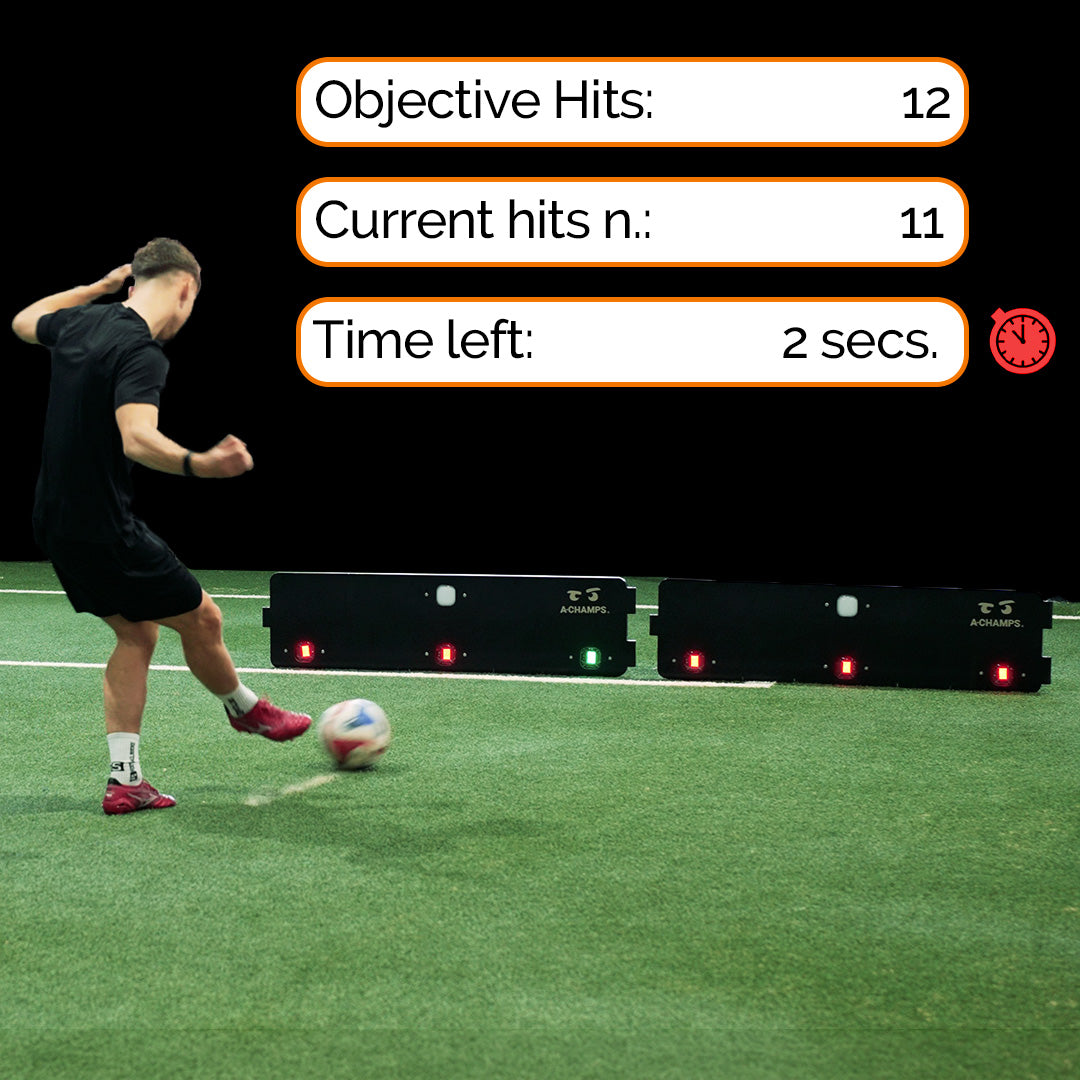 Person kicking soccer ball into Goal Station rebounders with digital display showing objective hits and time left.