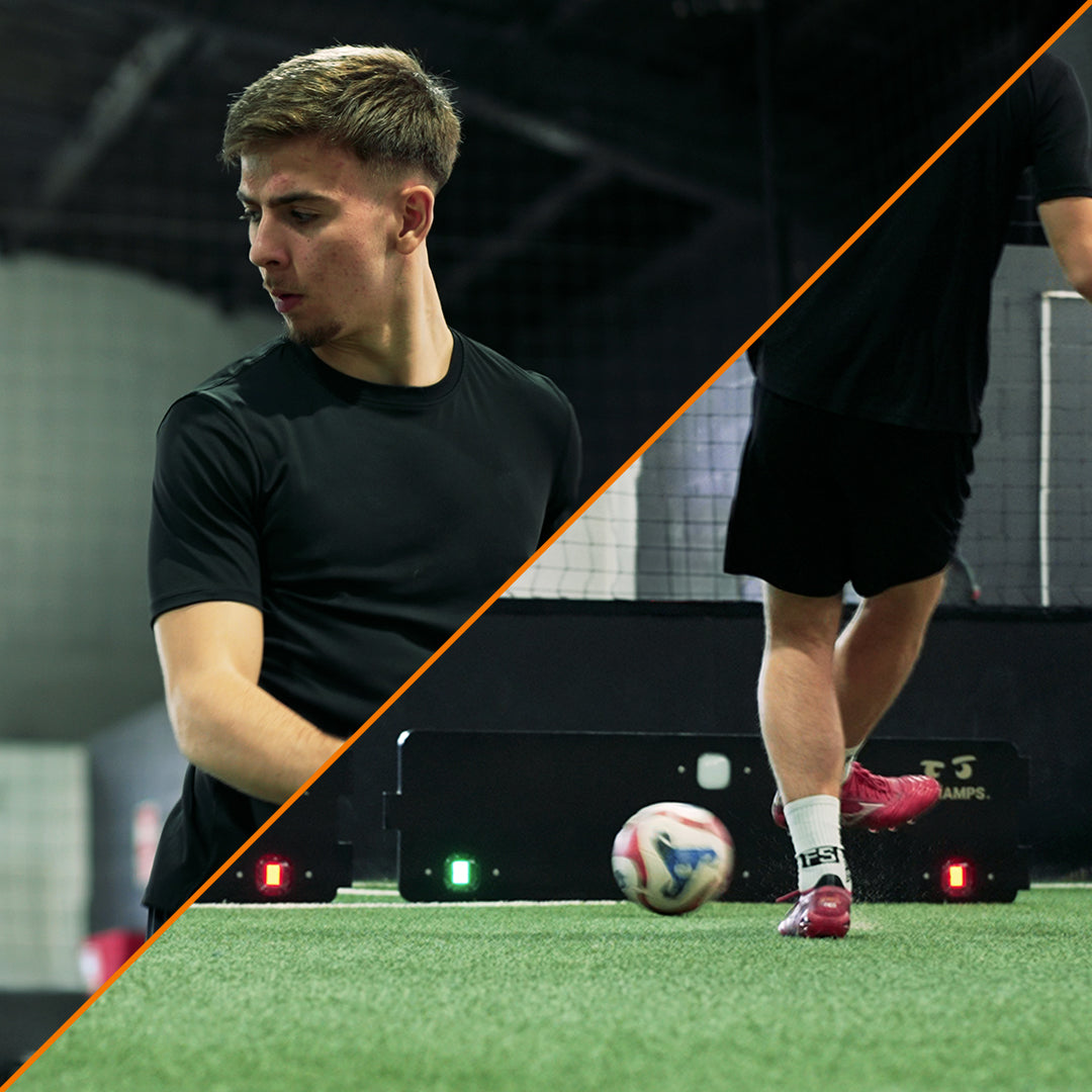 Player using a Goal Station rebounder, split image with a black and orange diagonal stripe.