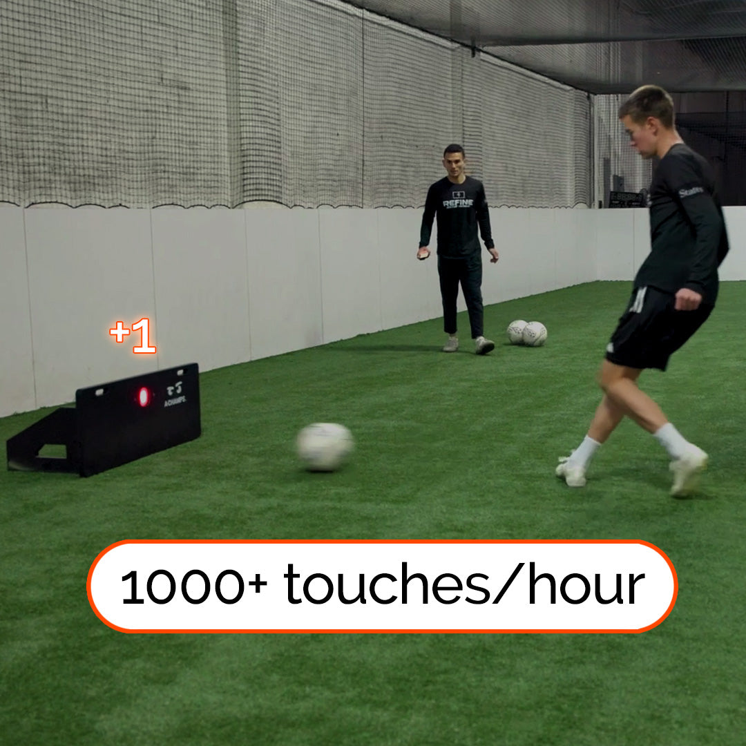 Male player using Goal Station rebounder in indoor facility, with 1000+ touches/hour overlaying