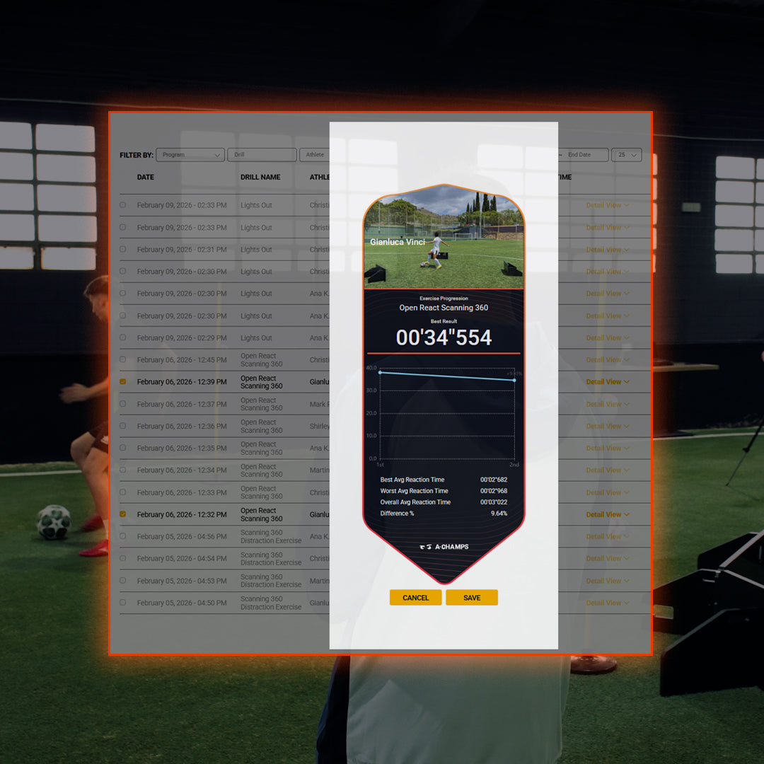 Screen displaying sports analytics software with a player practicing in the background