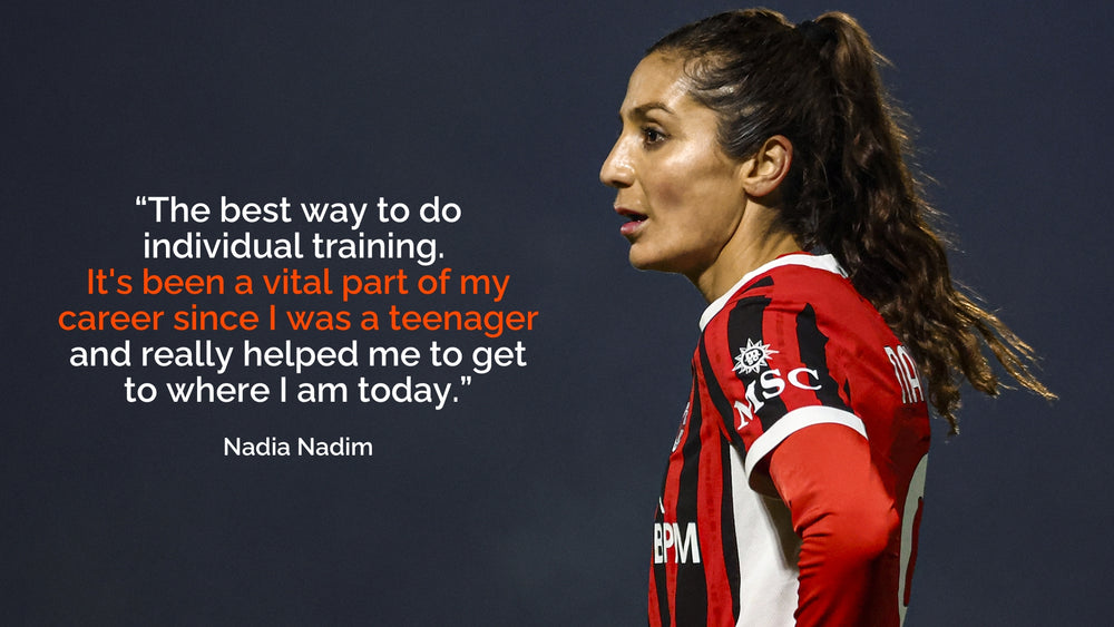 Woman in sports uniform with a quote by Nadia Nadim on a dark background