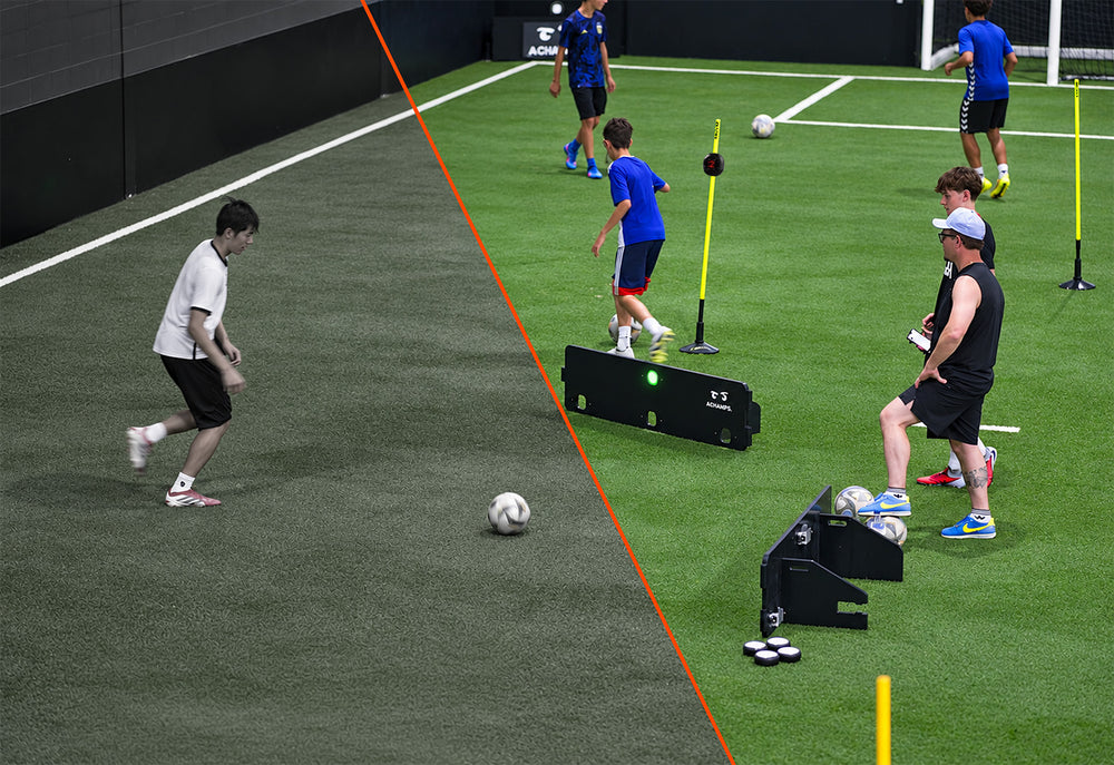 Player training with Goal Station rebounders on a pitch